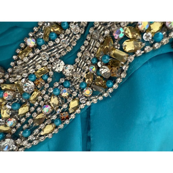 Sherri Hill Size 0 Blue Beaded Strapless Formal Gown Prom Dress Ruched Gemstones - Picture 12 of 16